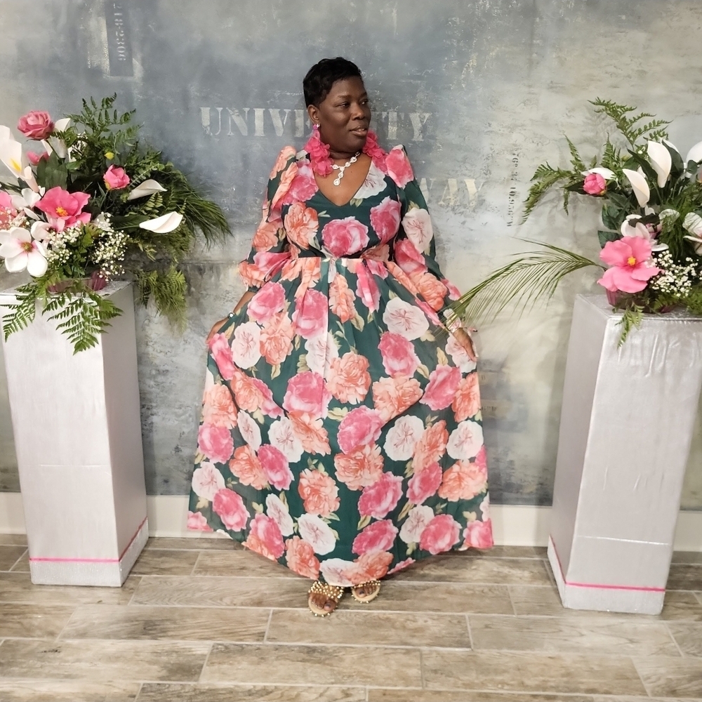 Elegant Floral Maxi Dress in Pink and Green